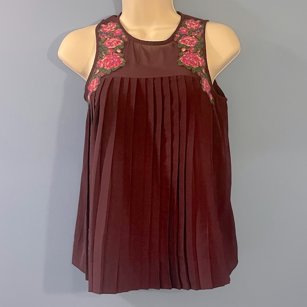 American Eagle Outfitters Sleeveless Top - Maroon with Floral Embroidery